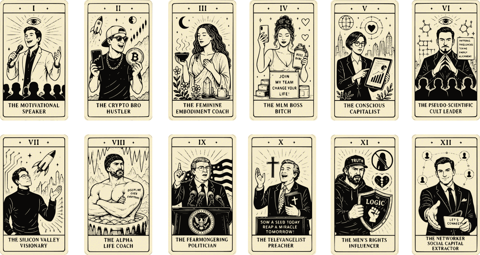 Culty Ipsum Tarot Card Set showing the twelve personas